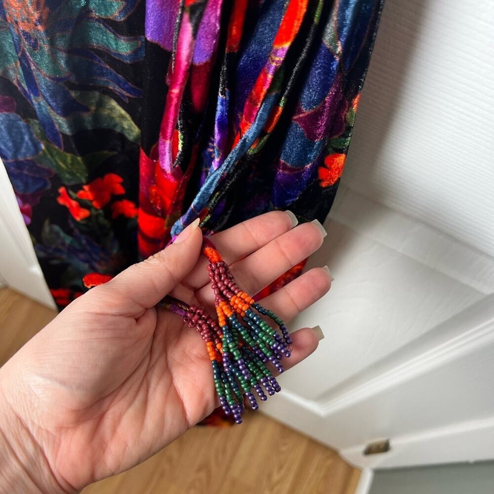 Farm Rio Velvet Black Multi Beaded Fringe Belt Flower Season Maxi Wrap Dress XS - Picture 6 of 9